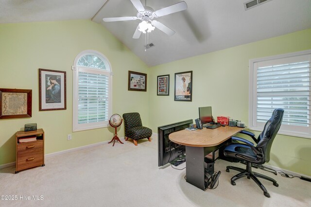 3508 Whispering Pines Ct, Wilmington, NC 28409 - carpeted office featuring vaulted ceiling, baseboards, and ceiling fan