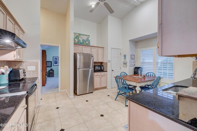 3508 Whispering Pines Ct, Wilmington, NC 28409 - kitchen featuring freestanding refrigerator, black range with electric cooktop, high vaulted ceiling, a sink, and tasteful backsplash