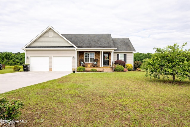 104 Northgate Ln, Clinton, NC 28328 - view of front of house featuring concrete driveway, a front yard, a garage, and a porch