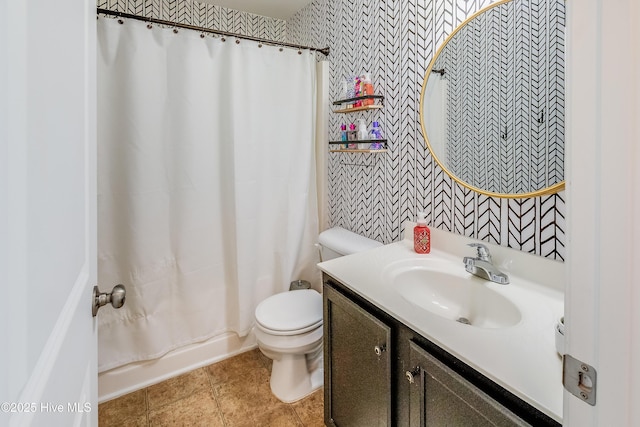 403 Stanford Ct, Maysville, NC 28555 - full bath featuring wallpapered walls, toilet, vanity, and tile patterned floors