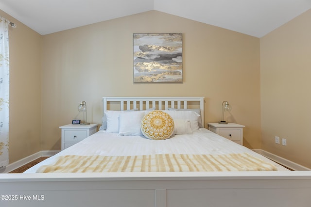 bedroom with lofted ceiling, baseboards, and wood finished floors