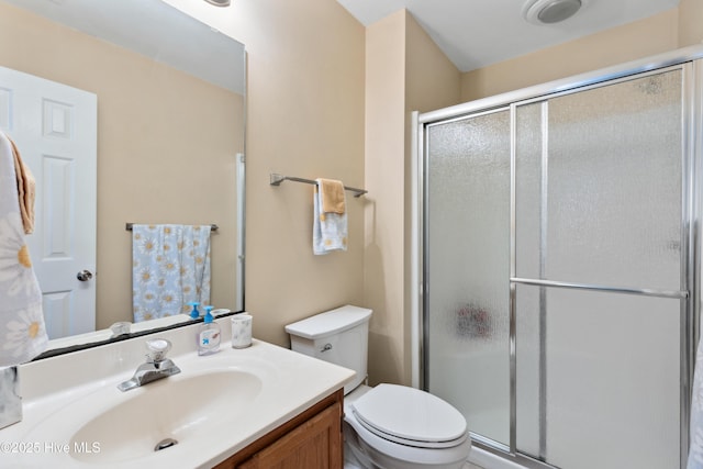 full bathroom with a shower stall, vanity, and toilet