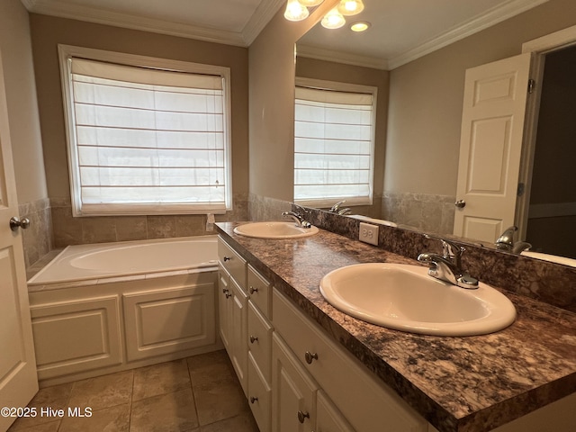 bathroom featuring tile patterned flooring, healthy amount of natural light, a bath, double vanity, and crown molding