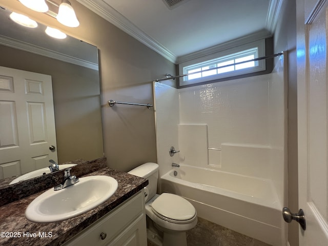 full bathroom with ornamental molding, toilet, vanity, shower / tub combination, and tile patterned flooring