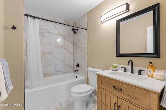 bathroom featuring shower / bath combo, toilet, marble look tiles, and vanity