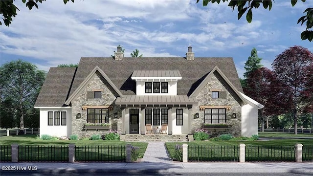 2112 Arnold Palmer Dr, Shallotte, NC 28470 - view of front of home featuring stone siding, a standing seam roof, metal roof, and a chimney