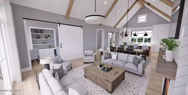 2112 Arnold Palmer Dr, Shallotte, NC 28470 - living room with a barn door, high vaulted ceiling, beam ceiling, and light wood-type flooring