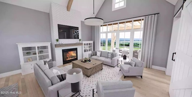 2112 Arnold Palmer Dr, Shallotte, NC 28470 - living room featuring light wood-style flooring, high vaulted ceiling, baseboards, plenty of natural light, and a glass covered fireplace