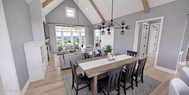 2112 Arnold Palmer Dr, Shallotte, NC 28470 - dining space with high vaulted ceiling, light wood-type flooring, beam ceiling, baseboards, and a chandelier