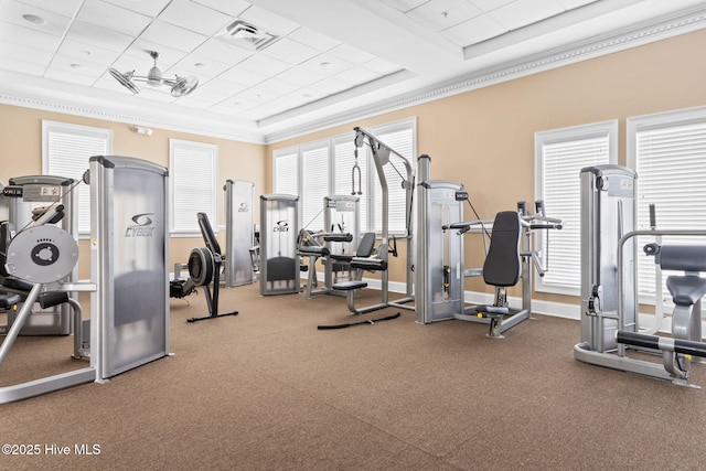 2112 Arnold Palmer Dr, Shallotte, NC 28470 - exercise room featuring ornamental molding, a drop ceiling, baseboards, and a raised ceiling