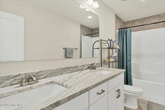 11 Bedford Cir, Pinehurst, NC 28374 - bathroom with toilet, shower / bath combination with curtain, double vanity, and tile patterned flooring