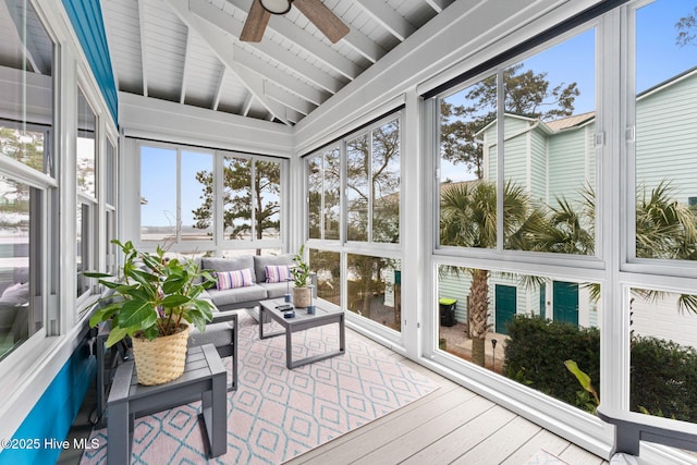 114 Lucas Cv, Oak Island, NC 28465 - sunroom featuring ceiling fan, wood-type flooring, an outdoor hangout area, and wooden ceiling