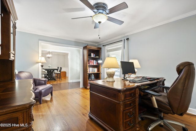 221 Quail Ridge Rd, Wilmington, NC 28409 - office area with a ceiling fan, wood finished floors, ornamental molding, and baseboards