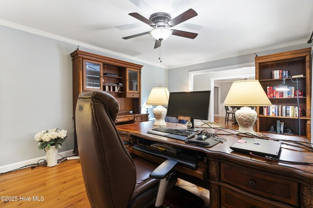 221 Quail Ridge Rd, Wilmington, NC 28409 - office area with a ceiling fan, crown molding, baseboards, and light wood finished floors
