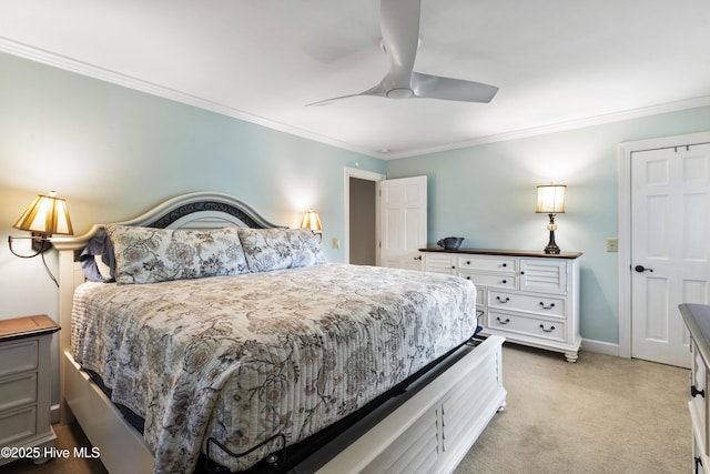 221 Quail Ridge Rd, Wilmington, NC 28409 - bedroom featuring light colored carpet, ornamental molding, ceiling fan, and baseboards
