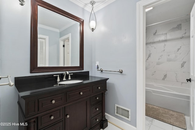 221 Quail Ridge Rd, Wilmington, NC 28409 - bathroom featuring marble finish flooring, vanity, baseboards, crown molding, and tub / shower combination