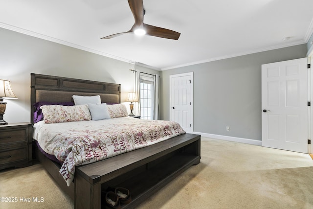 221 Quail Ridge Rd, Wilmington, NC 28409 - bedroom featuring light colored carpet, crown molding, baseboards, and a ceiling fan