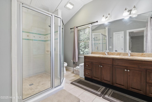 221 Quail Ridge Rd, Wilmington, NC 28409 - bathroom with tile patterned flooring, a shower stall, lofted ceiling, vanity, and toilet
