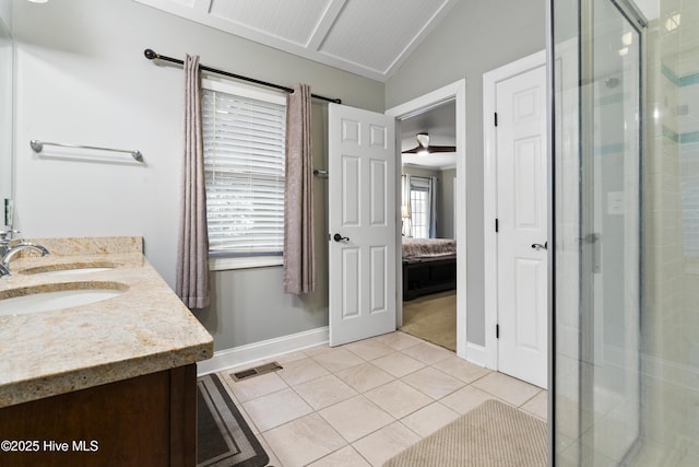 221 Quail Ridge Rd, Wilmington, NC 28409 - full bathroom with tile patterned floors, a shower stall, baseboards, connected bathroom, and double vanity