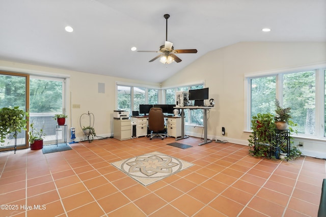 221 Quail Ridge Rd, Wilmington, NC 28409 - tiled home office featuring healthy amount of natural light, ceiling fan, vaulted ceiling, recessed lighting, and baseboards