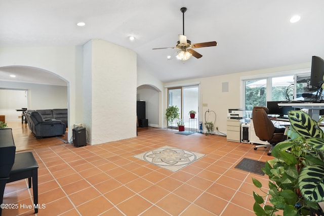 221 Quail Ridge Rd, Wilmington, NC 28409 - office area with arched walkways, vaulted ceiling, ceiling fan, tile patterned floors, and recessed lighting