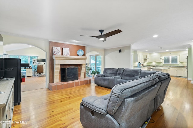 221 Quail Ridge Rd, Wilmington, NC 28409 - living area with arched walkways, light wood-style floors, ceiling fan, healthy amount of natural light, and ornamental molding
