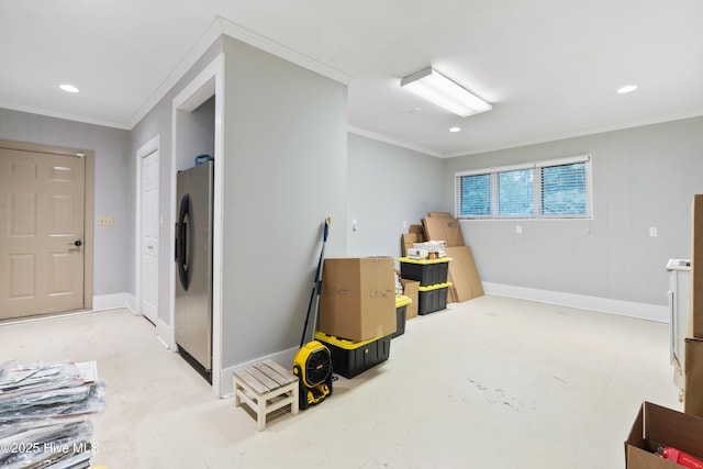 221 Quail Ridge Rd, Wilmington, NC 28409 - basement featuring freestanding refrigerator, crown molding, baseboards, and recessed lighting