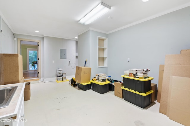 221 Quail Ridge Rd, Wilmington, NC 28409 - basement with crown molding, electric panel, recessed lighting, and built in features