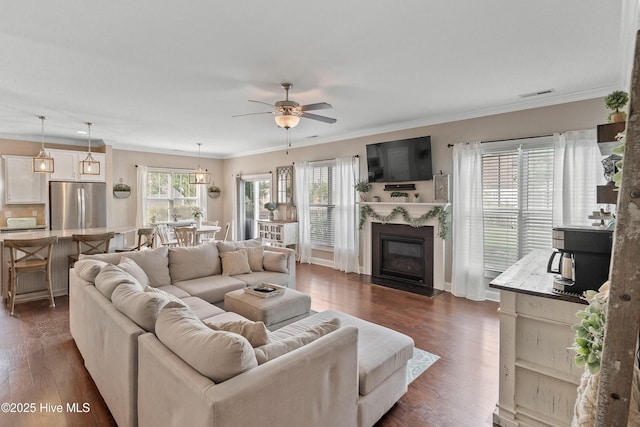 433 Landsdowne Cir, Hampstead, NC 28443 - living area featuring a ceiling fan, dark wood-style floors, ornamental molding, and a fireplace with flush hearth