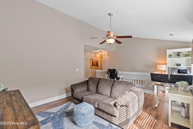 433 Landsdowne Cir, Hampstead, NC 28443 - living room with wood finished floors, lofted ceiling, a ceiling fan, an office area, and baseboards