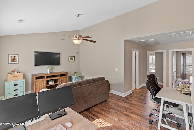 433 Landsdowne Cir, Hampstead, NC 28443 - living room featuring attic access, lofted ceiling, baseboards, a desk, and wood finished floors