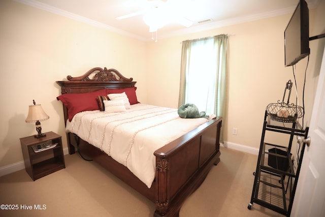 bedroom featuring carpet floors, baseboards, and ornamental molding