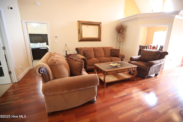 living room with wood finished floors, baseboards, and a high ceiling