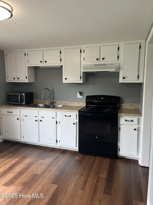 527 Chicora St, Grimesland, NC 27837 - kitchen featuring electric range, under cabinet range hood, stainless steel microwave, a sink, and white cabinets