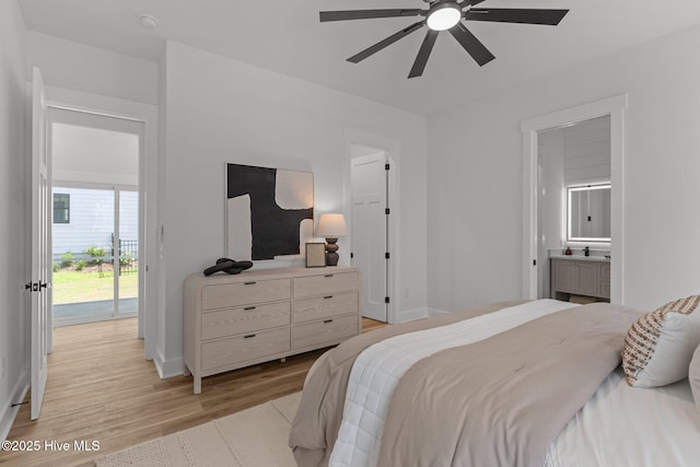 9213 Rivendell Pl SW, Calabash, NC 28467 - bedroom featuring access to outside, light wood-style flooring, ensuite bath, baseboards, and a ceiling fan