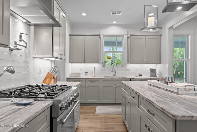 kitchen with gray cabinetry, a sink, extractor fan, crown molding, and healthy amount of natural light