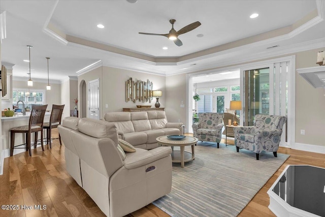 1013 Dowling Ct, Leland, NC 28451 - living area with ceiling fan, a raised ceiling, light wood finished floors, ornamental molding, and arched walkways