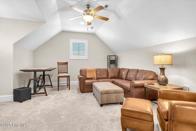 1013 Dowling Ct, Leland, NC 28451 - living room featuring ceiling fan, vaulted ceiling, carpet flooring, and baseboards