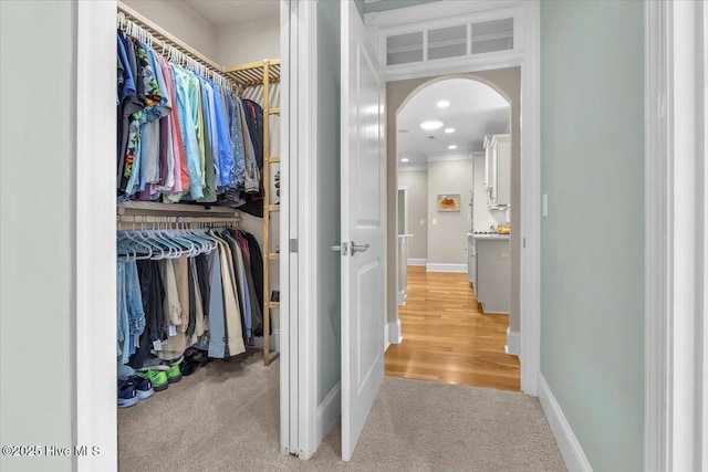 1013 Dowling Ct, Leland, NC 28451 - hall featuring arched walkways, light colored carpet, baseboards, recessed lighting, and ornamental molding