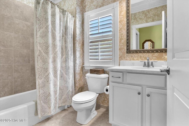 1013 Dowling Ct, Leland, NC 28451 - full bath featuring wallpapered walls, toilet, tile patterned flooring, vanity, and shower / tub combo