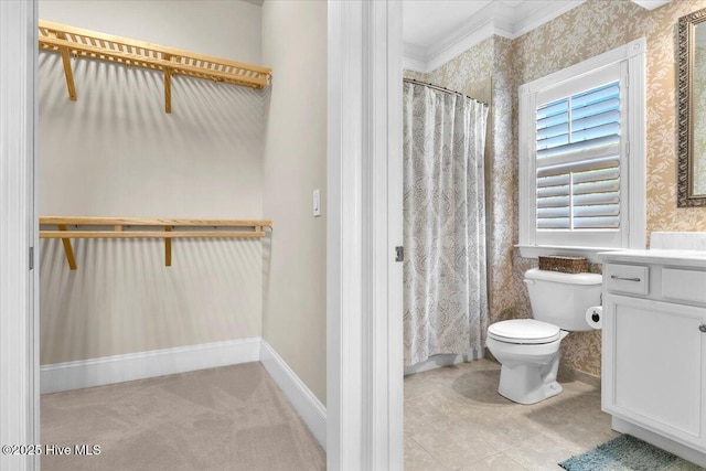 1013 Dowling Ct, Leland, NC 28451 - bathroom with wallpapered walls, vanity, ornamental molding, toilet, and a shower with shower curtain