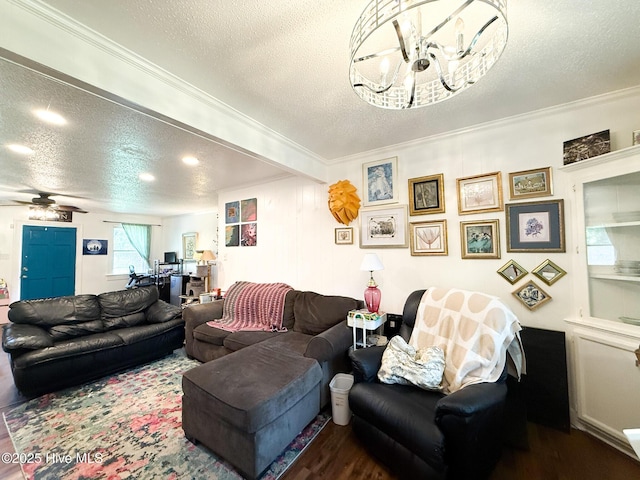 1605 E Holly St, Goldsboro, NC 27530 - living room with a textured ceiling, wood finished floors, crown molding, a desk, and a ceiling fan