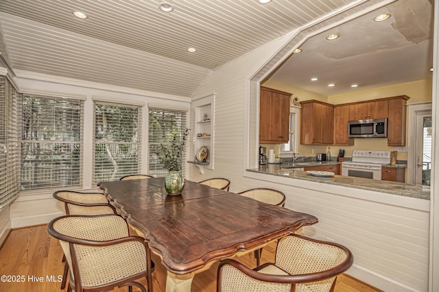 659 Wash Woods Way, Bald Head Island, NC 28461 - dining space featuring recessed lighting, light wood-style flooring, vaulted ceiling, and wood ceiling