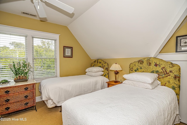 659 Wash Woods Way, Bald Head Island, NC 28461 - bedroom featuring carpet, lofted ceiling, and ceiling fan