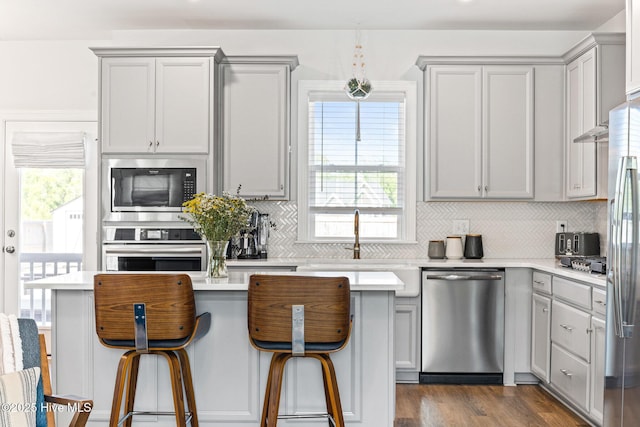 kitchen featuring appliances with stainless steel finishes, gray cabinetry, and a sink