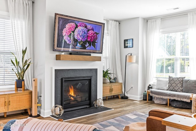 living room with healthy amount of natural light, wood finished floors, a glass covered fireplace, and baseboards