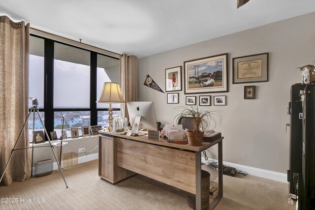 home office featuring light colored carpet and baseboards