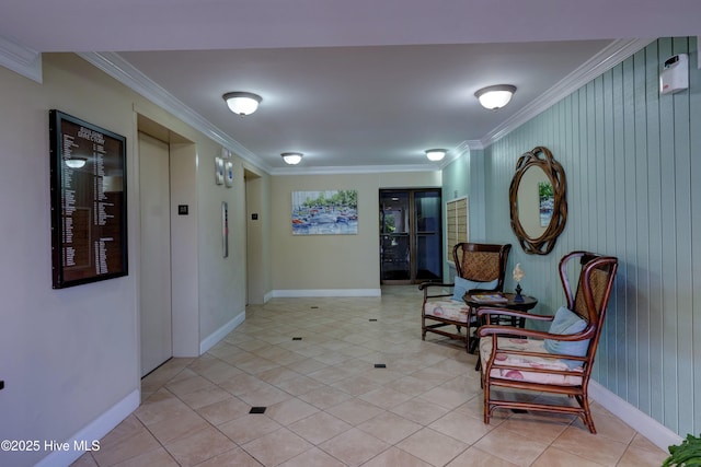 corridor featuring crown molding, baseboards, elevator, and light tile patterned flooring
