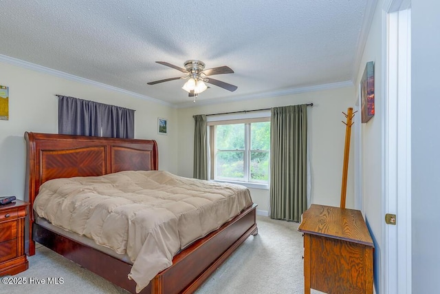 4512 Rivershore Dr, New Bern, NC 28560 - bedroom with light carpet, ornamental molding, a textured ceiling, and a ceiling fan
