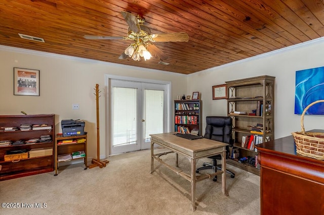 4512 Rivershore Dr, New Bern, NC 28560 - home office featuring wood ceiling, french doors, crown molding, light carpet, and ceiling fan
